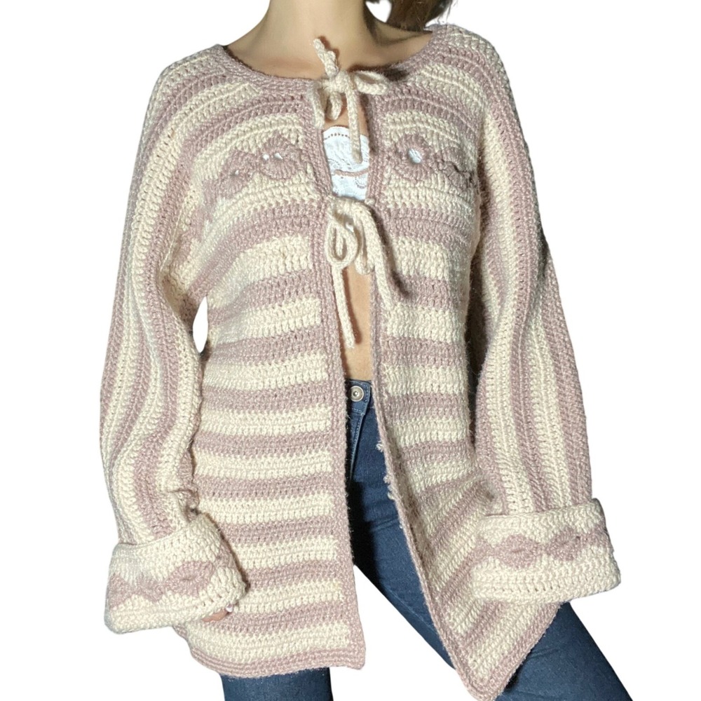 Handmade Cottagecore Pink Cream Crochet Cardigan Sweater Soft Girl Boho - M/L
